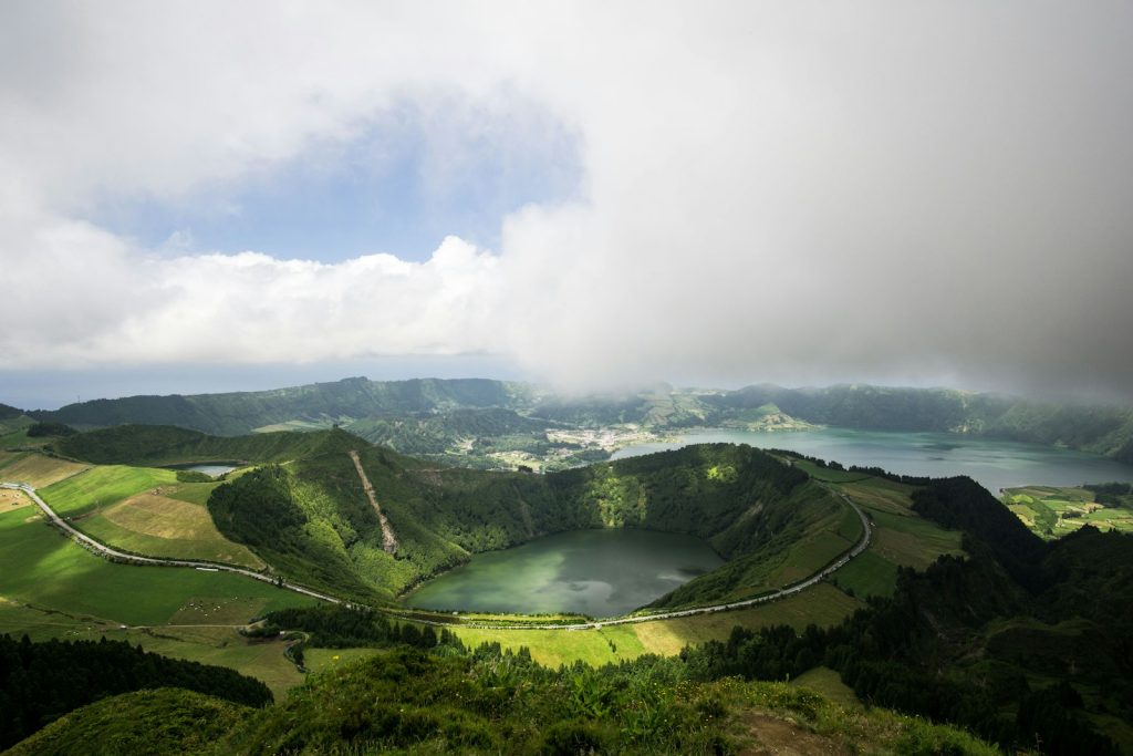 aerial photo of body lake regio's Portugal Sete Cidades
